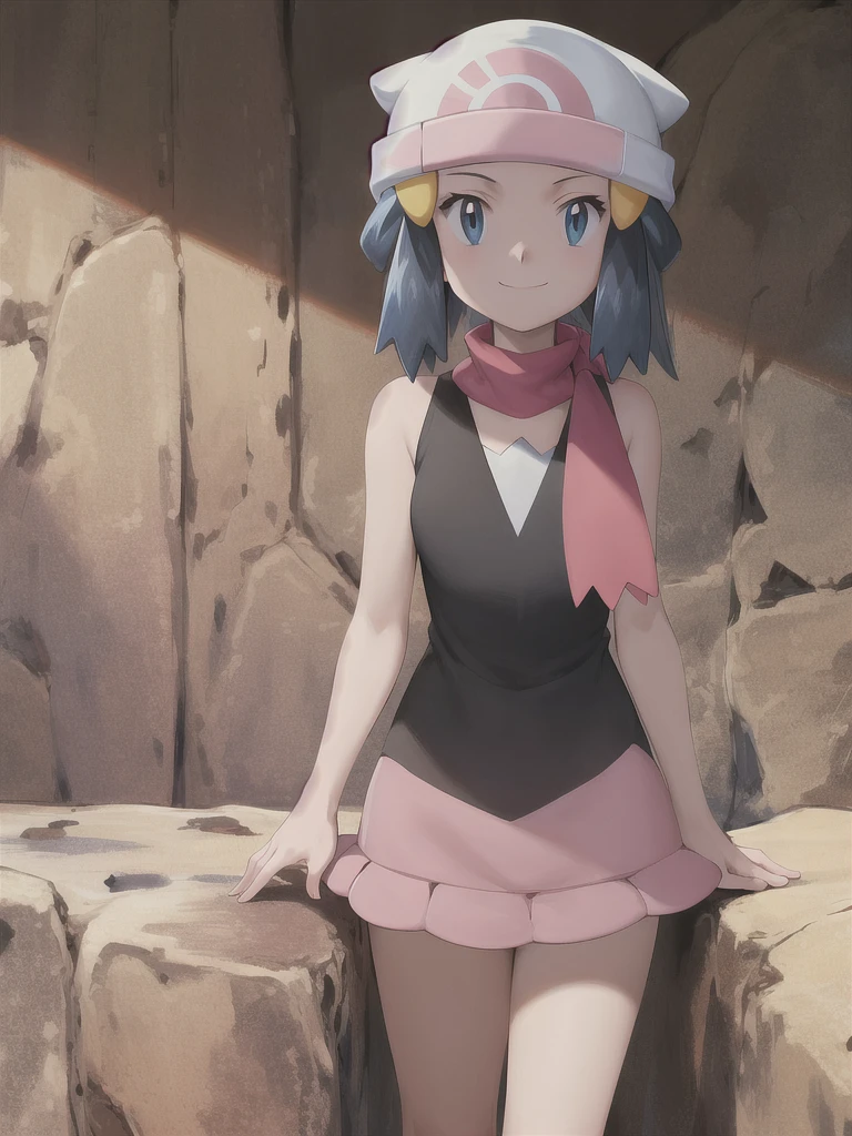 masterpiece, Highest quality, High resolution, One girl, alone, dawn (Pokemon), Pink scarf, Black Shirt, Pink Skirt, Have, Outdoor, Bare shoulders, smile