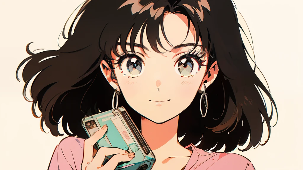 Anime-style illustration of a girl holding a cassette tape. The background is simple、The focus is on the girl and the cassette tape.. The girl has big eyes, Brown Hair, Wearing casual clothes. The cassette tape is labeled in red ``1980...''. The girl is smiling and holding the cassette in front of her face.