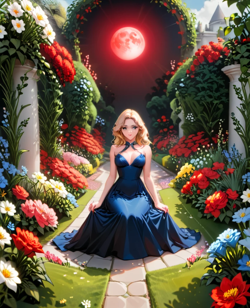 Garden, (((((Flowers emitting blue and red light))))), Path in the middle of the garden, Collapsed walls, nigth, Full Moon, 1 blonde girl, Beautiful  Girl  Sitting on the flowers, In a black tight dress