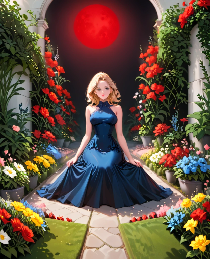 Garden, (((((Flowers emitting blue and red light))))), Path in the middle of the garden, Collapsed walls, nigth, Full Moon, 1 blonde girl, Beautiful  Girl  Sitting on the flowers, In a black tight dress