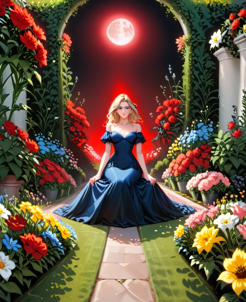 Garden, (((((Flowers emitting blue and red light))))), Path in the middle of the garden, Collapsed walls, nigth, Full Moon, 1 blonde girl, Beautiful  Girl  Sitting on the flowers, In a black tight dress