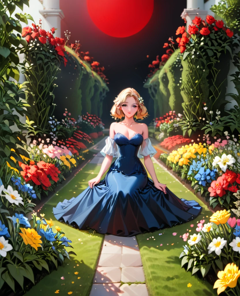 Garden, (((((Flowers emitting blue and red light))))), Path in the middle of the garden, Collapsed walls, nigth, Full Moon, 1 blonde girl, Beautiful  Girl  Sitting on the flowers, In a black tight dress