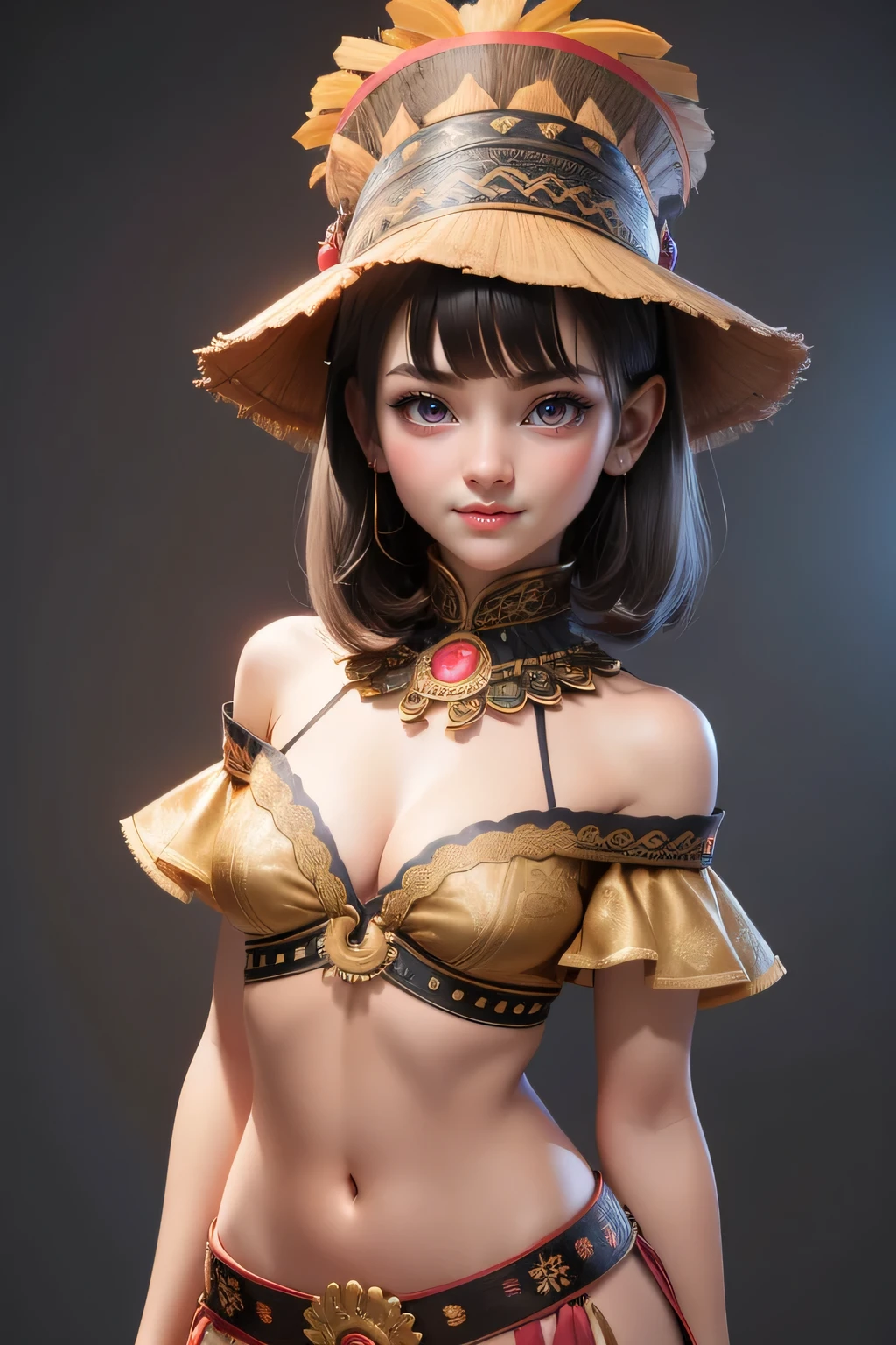 1 cute girl (18yo) , upper body, slim waist, small breast, sexy pose, naugthy face, bangs, random hairstyle, cleavage, navel,, off shoulder, seductive smile, wear intricately detail hot and sexy outfit,indonesian tribe outfit, wear unique hat, light brown color, upper body. flat gray color for background