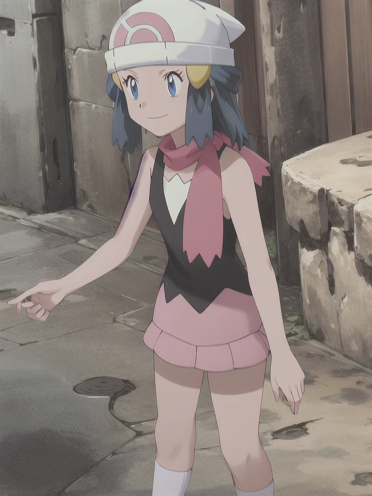 masterpiece, Highest quality, High resolution, One girl, alone, dawn (Pokemon), Pink scarf, Black Shirt, Pink Skirt, Have, Outdoor, Bare shoulders, smile