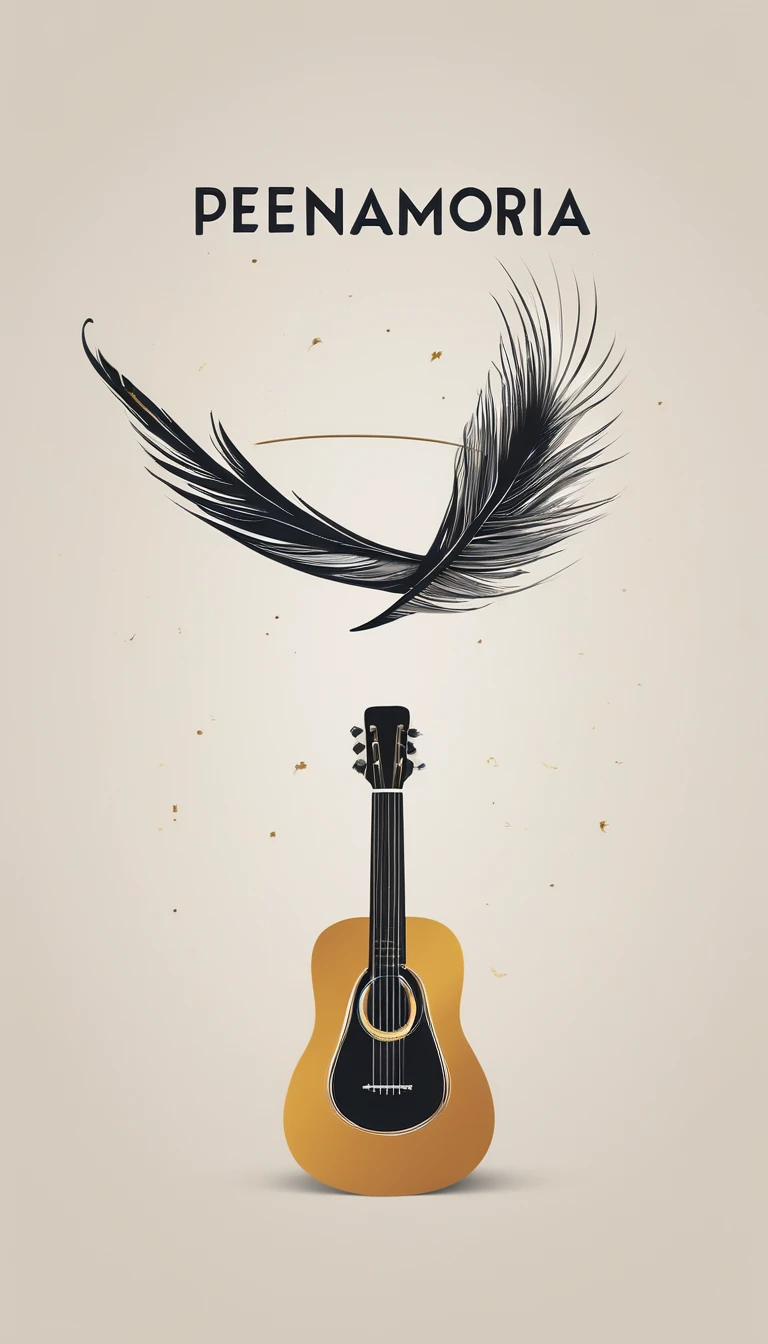 A minimal, modern, simple, cinematic logotype for the brand “Penamemoria". The logotype must be a simple, magical feather and a boy playing acoustic guitar. The logo must convey a sense of music, stories and dreams. Logo design impressed on a book cover. Minimalistic logo