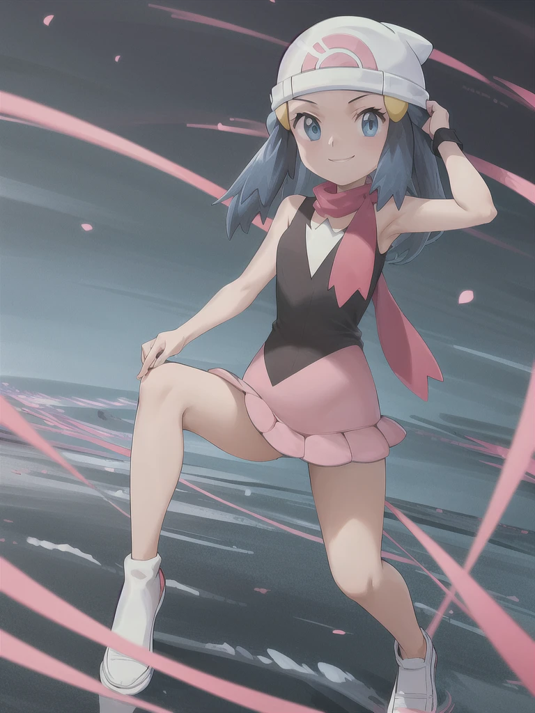 masterpiece, Highest quality, High resolution, One girl, alone, dawn (Pokemon), Pink scarf, Black Shirt, Pink Skirt, Have, Outdoor, Bare shoulders, smile