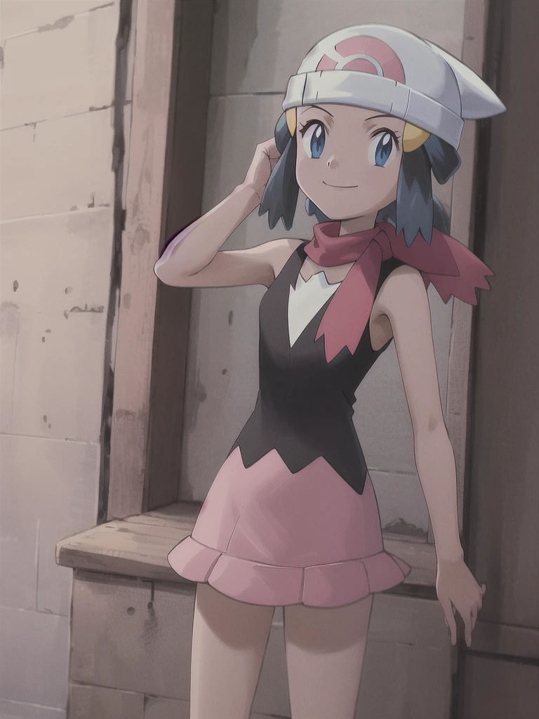 masterpiece, Highest quality, High resolution, One girl, alone, dawn (Pokemon), Pink scarf, Black Shirt, Pink Skirt, Have, Outdoor, Bare shoulders, smile