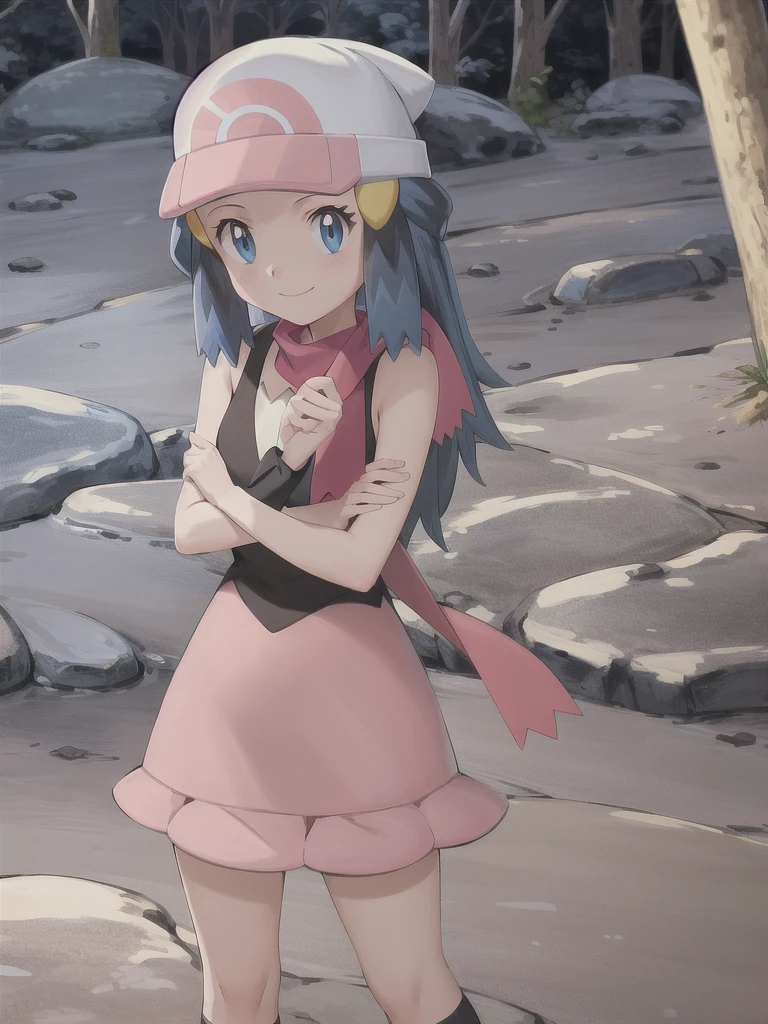 masterpiece, Highest quality, High resolution, One girl, alone, dawn (Pokemon), Pink scarf, Black Shirt, Pink Skirt, Have, Outdoor, Bare shoulders, smile