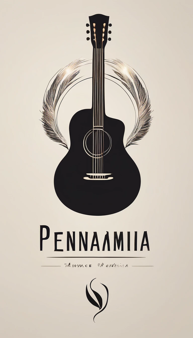A minimal, modern, simple, cinematic logotype for the brand “Penamemoria". The logotype must be a simple, magical feather and a boy playing acoustic guitar. The logo must convey a sense of music, stories and dreams. Logo design impressed on a book cover. Minimalistic logo