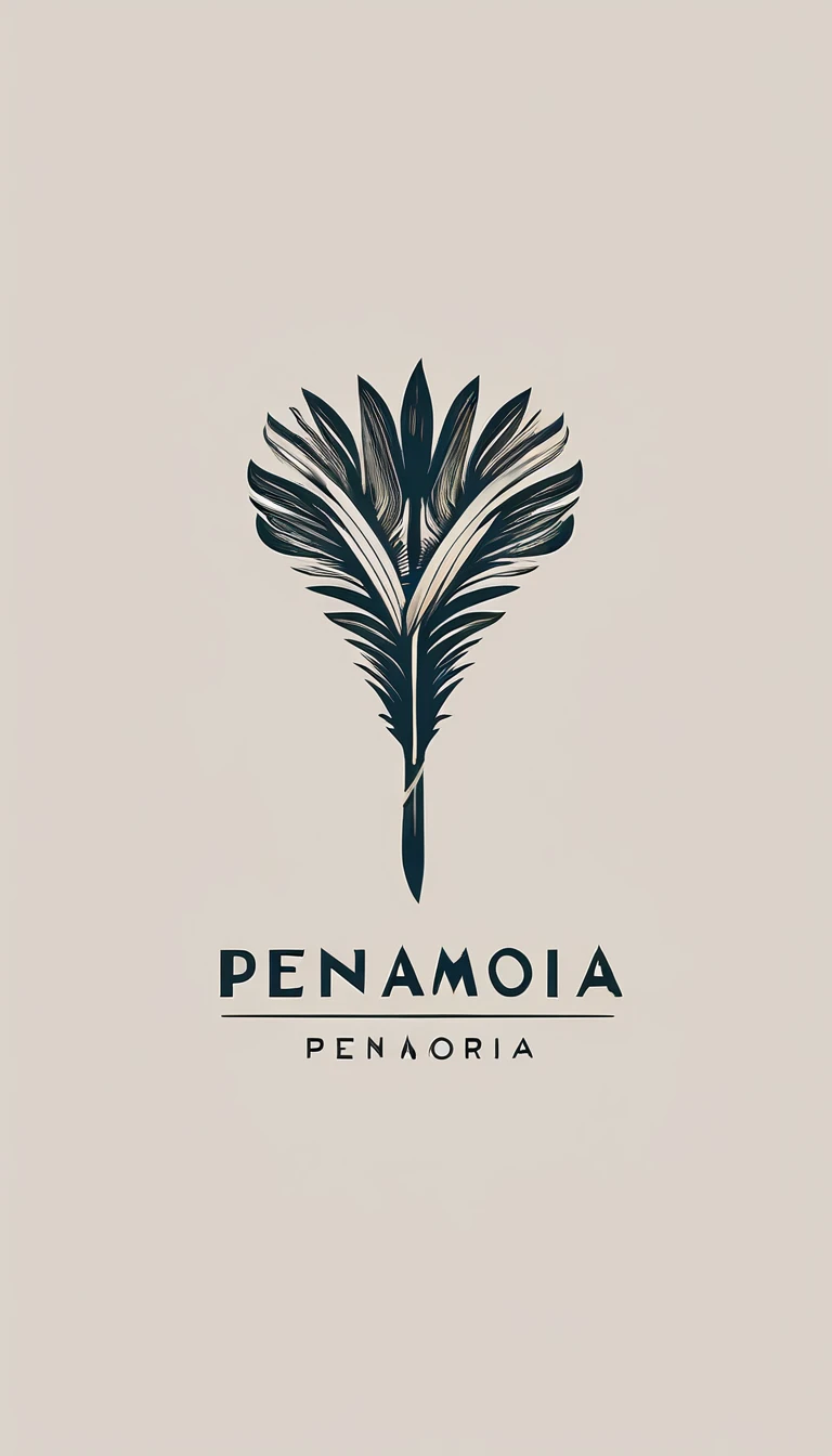 A minimal, modern, simple, cinematic logotype for the brand “Penamemoria". The logotype must be a simple, magical feather and a boy playing acoustic guitar. The logo must convey a sense of music, stories and dreams. Logo design impressed on a book cover. Minimalistic logo
