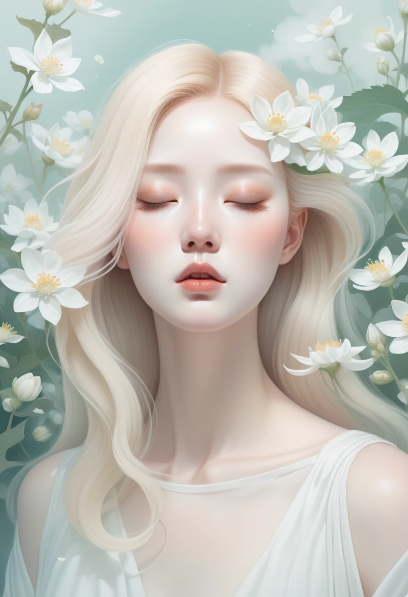 (mist:1.5)，Soft space，Soft tones，dream，Hazy and mysterious，大量mist和白色小花覆盖，Modern illustration elements。Tranquility、Pure atmosphere，blond woman with white flowers covering her face and eyes, inspired by Hsiao-Ron Cheng, inspired by Yanjun Cheng, by Ayami Kojima, by Hsiao-Ron Cheng, by Yanjun Cheng, Guweiz, artwork in the style of Guweiz, by Eizan It&#39;s a gift, cake, james jean and wlop