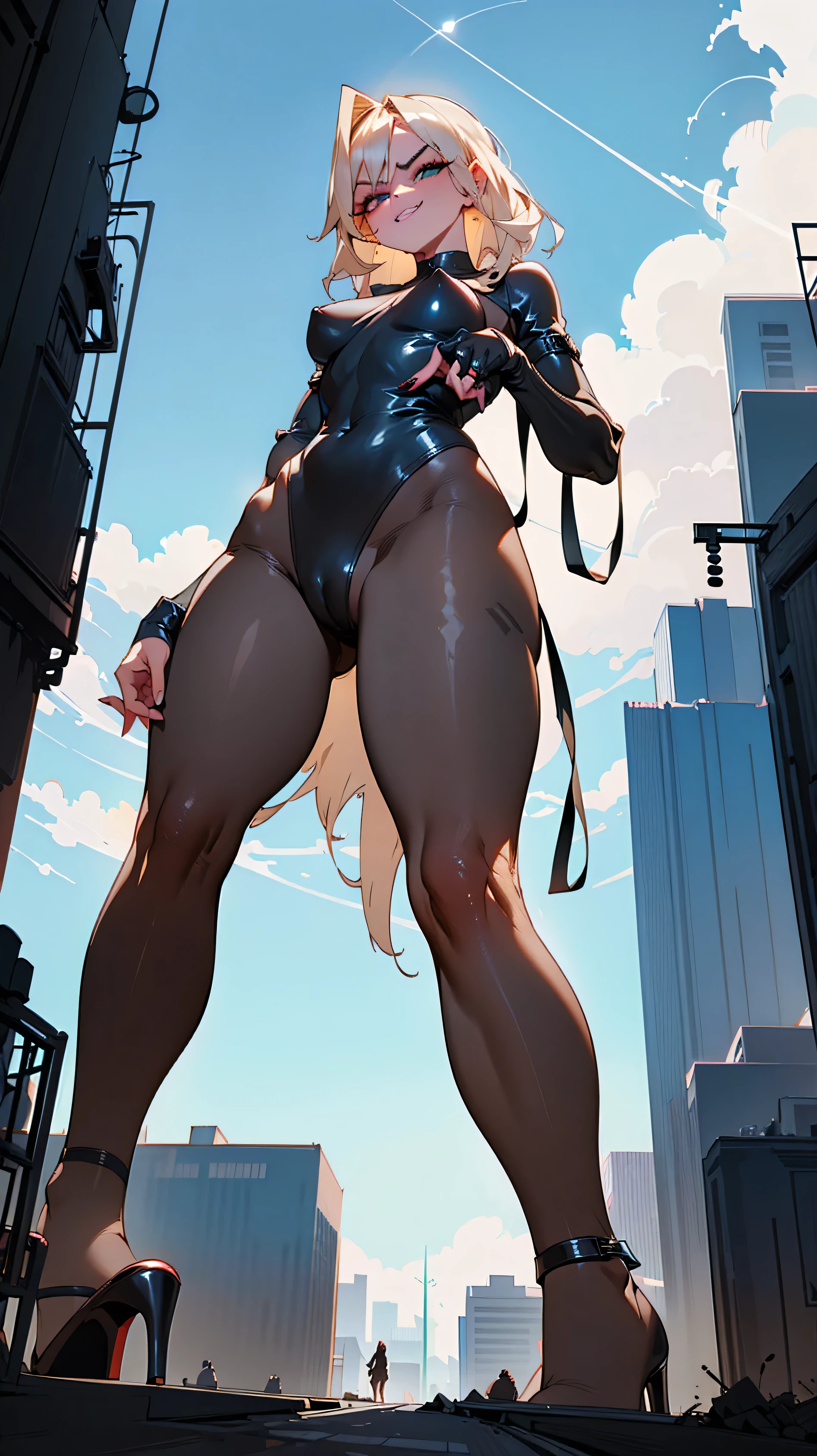 Seductive giantess woman in a barely-there leather outfit, with cascading platinum blonde hair and emerald eyes, struts through a futuristic city. Her curvy body crushes buildings beneath her stilettos. She gazes down at the tiny humans by her heels with a wicked grin, her sultry voice taunting them. Giantess, Goddess, sexy legs, heels, hot, curvy body, mommy issues, small town, small people, tiny people, macrophilia, perspective from below, high quality, almost naked, mature woman, seductive.