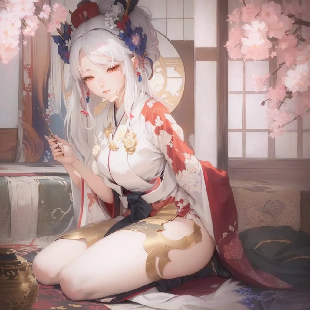 Anime - style image of woman in kimono clothes sitting on bed, White-haired God, Gwaiz on pixiv artstation, Gwaiz, Gwaiz on artstation pixiv, artwork in the style of Gwaiz, onmyoji, onmyoji portrait, Anime Goddess, The Detailed Art of the Onmyoji, Gwaiz masterpiece