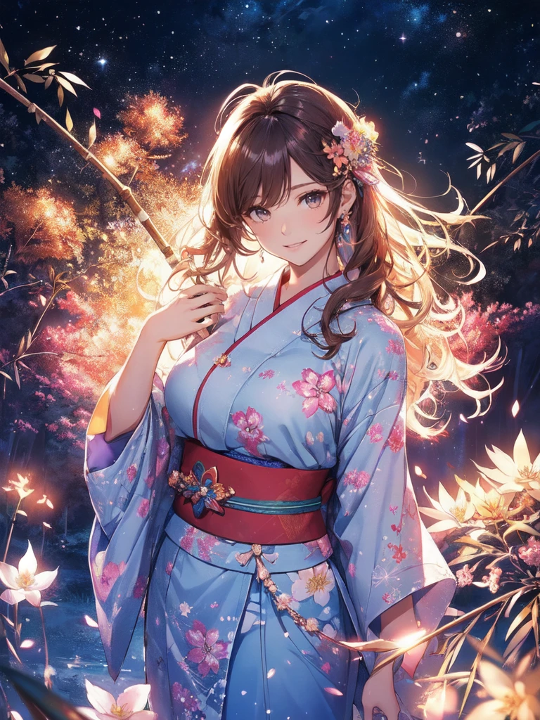 最high quality、1 woman beautifuhime、Altair、(( cowboy shot ))((Summer Yukata))'((Japanese_yukata))、beautiful瞳、tears、、beautiful装飾、Hairpin、Bamboo、Bambooの葉、、Star World、Summer Nights in Japan、Milky Way Galaxy、最high quality , fractal beautiful、 ((Laugh beautifully、))((Glowing ice ))、beautiful顔、Tanabata of Japan、、 beautiful輝き,High-definition depiction, Realistic, 8K, Unity, beautiful、Iridescent、、 light smile, Beautifully and vividly drawn, , beautiful beautiful透き通る肌、輝くbeautiful装飾の魔法、、、beautiful短冊、🎋, beautiful、 Romanticism,, Bambooの葉、bamboo, ,Magical gentle light,smile,,image quality、masterpiece、beautiful顔、Super beautiful woman((Big breasted 22 year old office lady、Bust 120,Beautiful long ironed hair、Brown Hair、height: 165cm。、Esbian、、high quality、、Visual Arts、最high quality、1 woman , 、light、Beautiful radiance,High-definition depiction, Realistic, 8K, Unity, , light smile, Beautifully and vividly drawn, , Beautiful, beautiful, clear , Romanticism,Cowboy Shot: 最high quality