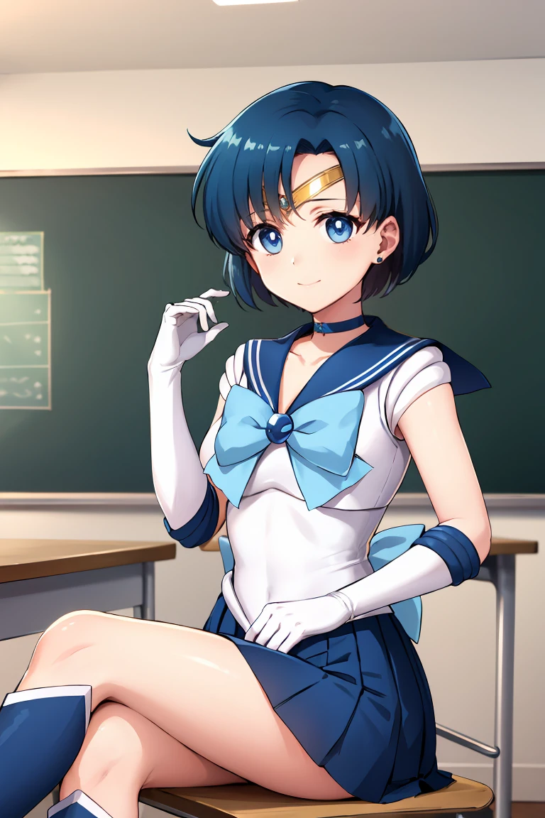 masterpiece, Highest quality, High resolution, Mercury 1, One girl, alone, Sailor Warrior Uniforms, Sailor Mercury, Which is Mizuno, Blue Hair, Magical girl, blue eyes, Blue Skirt, Elbow hand pockets, tiara, Pleated skirt, Hair Ribbon, Blue sailor collar, mini skirt, choker, Blue choker, White gloves, Short Hair,  jewelry,  Earrings, Sitting, Crossing your legs,The background is a school classroom,smile、