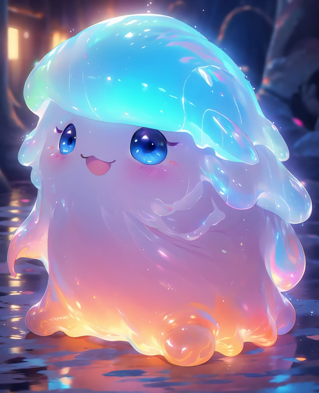 a slime girl with Pokimane's face, beautiful detailed eyes, beautiful detailed lips, extremely detailed skin and face, longeyelashes, slime body, iridescent slime texture, detailed iridescent slime tentacles, fantasy sci-fi environment, glowing lights, neon colors, vibrant colors, 8k, best quality, ultra-detailed, realistic, photorealistic, vivid colors, professional