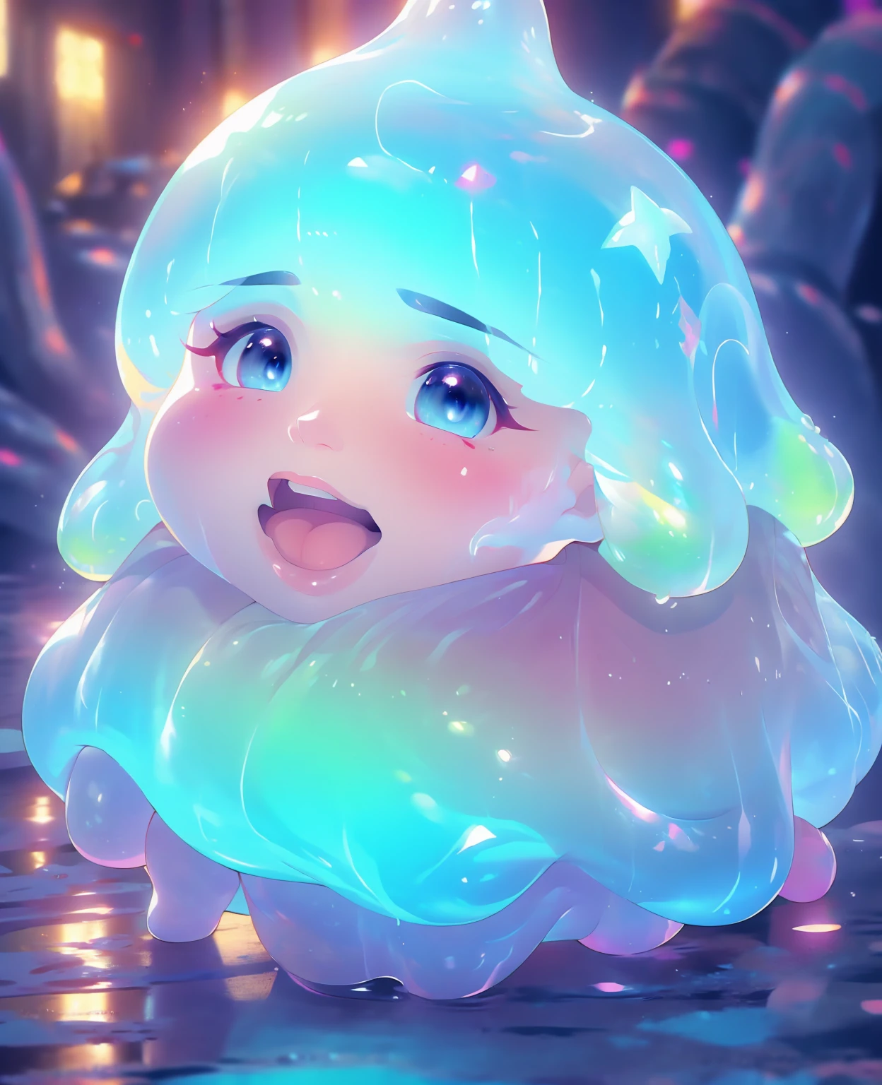 a slime girl with Pokimane's face, beautiful detailed eyes, beautiful detailed lips, extremely detailed skin and face, longeyelashes, slime body, iridescent slime texture, detailed iridescent slime tentacles, fantasy sci-fi environment, glowing lights, neon colors, vibrant colors, 8k, best quality, ultra-detailed, realistic, photorealistic, vivid colors, professional