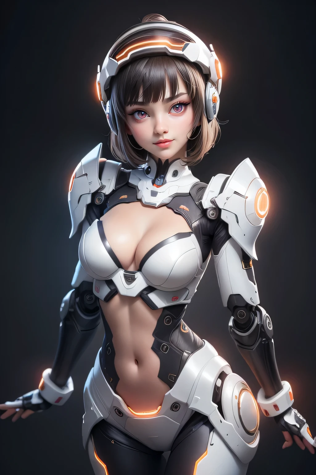 1 cute girl (18yo) , upper body, slim waist, natural medium breast, sexy pose, happy face, bangs, random hairstyle, cleavage, navel, , seductive smile, wear intricately detail hot and sexy outfit,  full robotic costume, wear unique helmet, white color, upper body. flat gray color for background