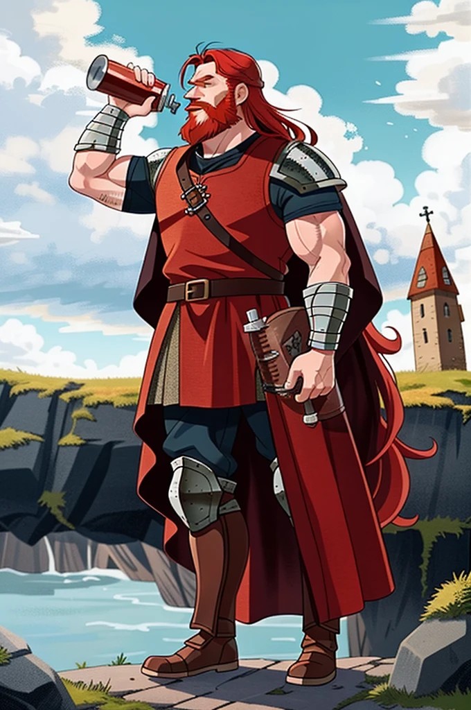 Ingólfr Einarr is a 40-year-old red-haired Viking man with a full and long beard, extroverted, muscular and very attractive, who wears his imposing medieval armor. hyper detailed and super realistic. cartoon style. White background. Ingólfr Einarr holds a beer from the middle ages