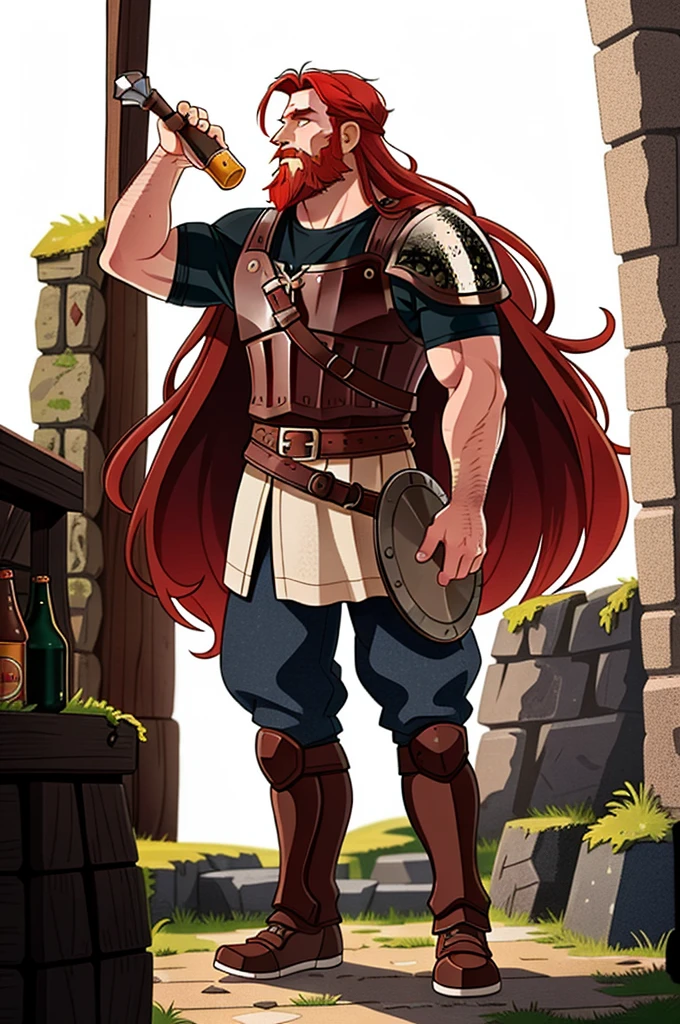 Ingólfr Einarr is a 40-year-old red-haired Viking man with a full and long beard, extroverted, muscular and very attractive, who wears his imposing medieval armor. hyper detailed and super realistic. cartoon style. White background. Ingólfr Einarr holds a beer from the middle ages