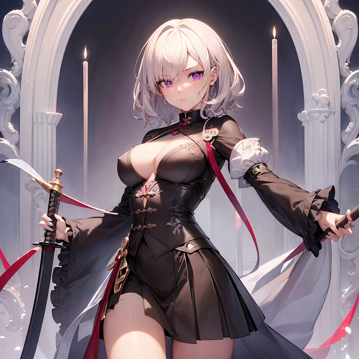 ((best quality, masterpiece, perfect anatomy, detailed image)), 1 girl, alone, simple background, girl of medium height is wearing a long red scarf, a white jacket with sleeves and a black shirt without, underneath a short black skirt with stockings Black knee-high boots and short white boots, she holds a Japanese sword with her left hand while unsheathing it, sexy body, medium breasts, short curly white hair, purple eyes, serious and expressionless face, standing alone, full body, great detail , detailed eyes, hdr, 8k, ultra realistic, nsfw, (beautiful detailed eyes), (detailed light), ((intricate detail)), (high resolution), ((illustration)), (((masterpiece)) ) , ((best quality)), (high resolution).