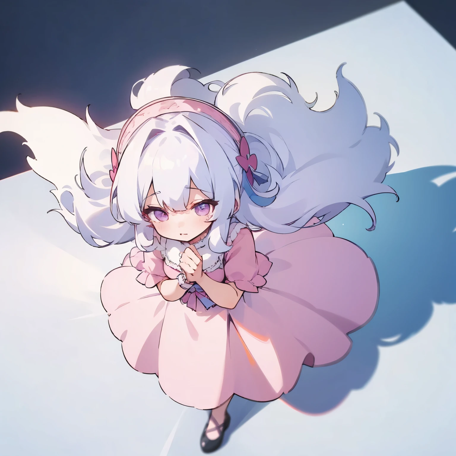 young woman, White hair, pink dress, voluminous dress, fluffy skirt, view from above.
