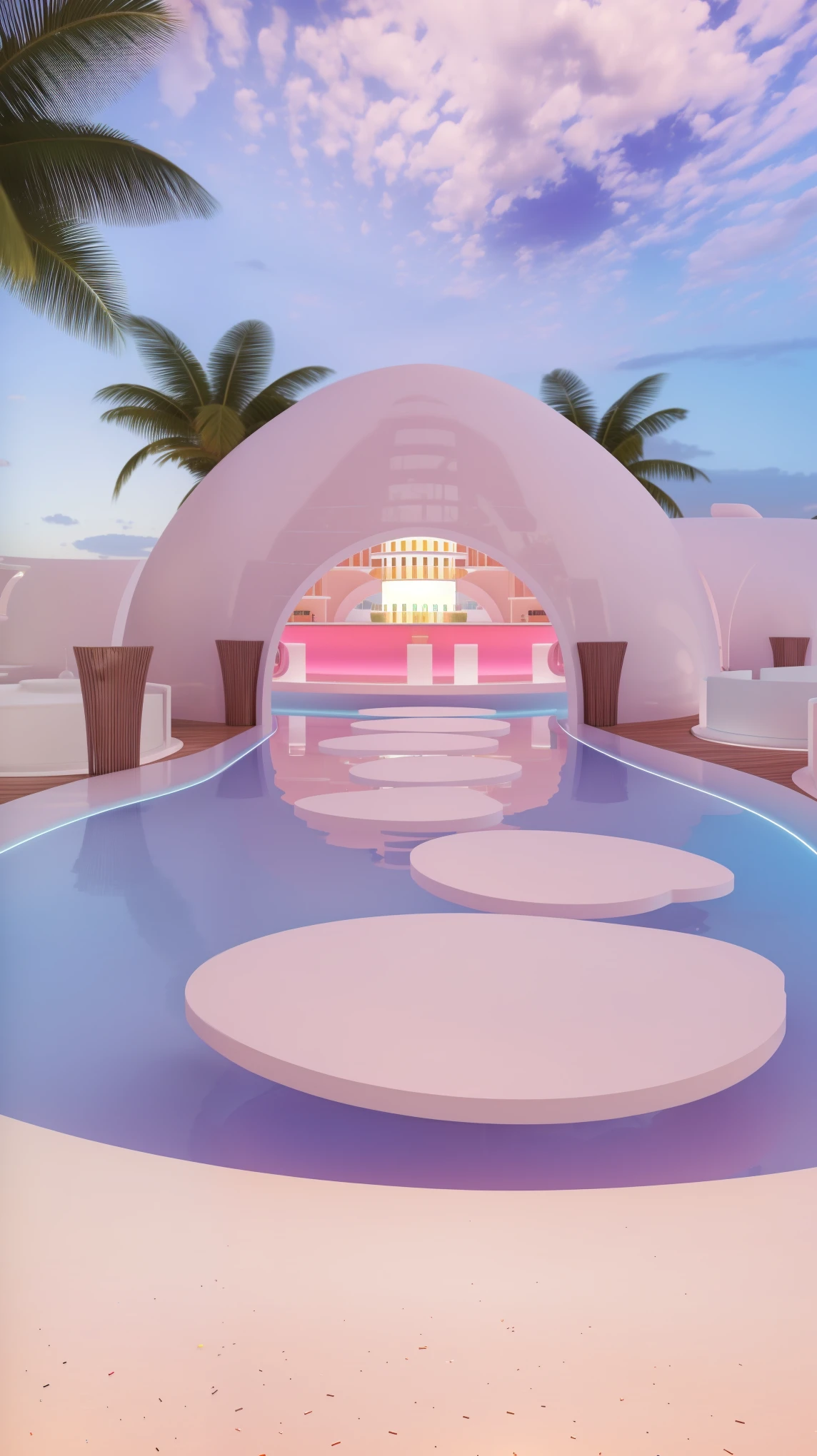 （masterpiece, best quality, high quality, Extremely detailed CG Unity 8K wallpaper, Realistic photos, Depth of Field）, A bar with a white dome, In a futuristic desert palace, Kawaii HD Rendering, Karim Rashid, Inspired by Joao Artur da Silva, take, Vaporwave Building, Neon City Dome, Palace on the water, Inspired by Cherryl Fountain, Pink Arch, Inspired by Riccardo Bofill, In a Candy Land-style house, Dreamy atmosphere