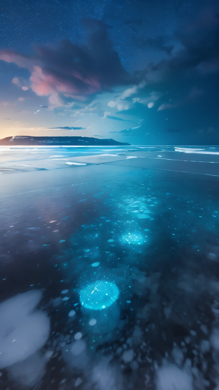 Rain on biolumincient sea at night, Frozen methane bubble night, blue bioluminescence High above, faint arc of light streching across the sky as a broad thin band of light, magnificent arc across the sky , Standing on the methane ocean beach of Titan and gazing at the partially visible arc in the sky would be an extraordinary and surreal experience. Rain, heavy rain, clouds. Water droplets. Rain at night, rainy beach  