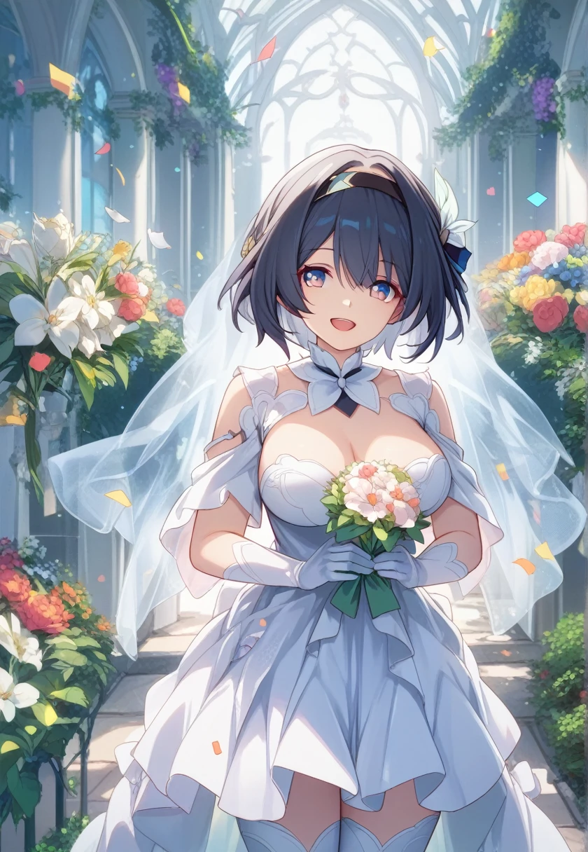 score_9, score_8_superior, score_7_superior, Wedding dress, White gloves, White Dress, garden, Are standing, Cowboy Shot, Holding a bouquet, smile, Open your mouth, Confetti, fire Fly \(Honkai: Star Rail\), hair ornaments,Black hair band, Larger breasts, Nice hands, Perfect hands,Short Hair,Short Hair、Silver Hair