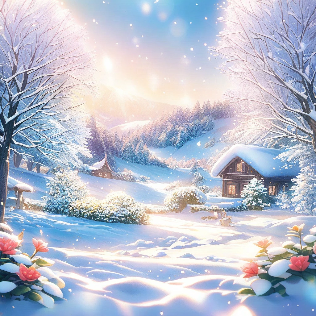 Snow Scene，snow，plant（（（Romantic atmosphere）））（（（fairy tale elements）））（（（masterpiece）））， （（best quality））