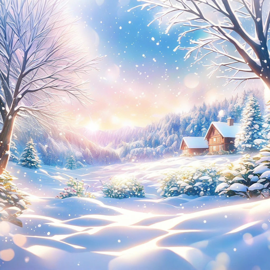Snow Scene，snow，plant（（（Romantic atmosphere）））（（（fairy tale elements）））（（（masterpiece）））， （（best quality））