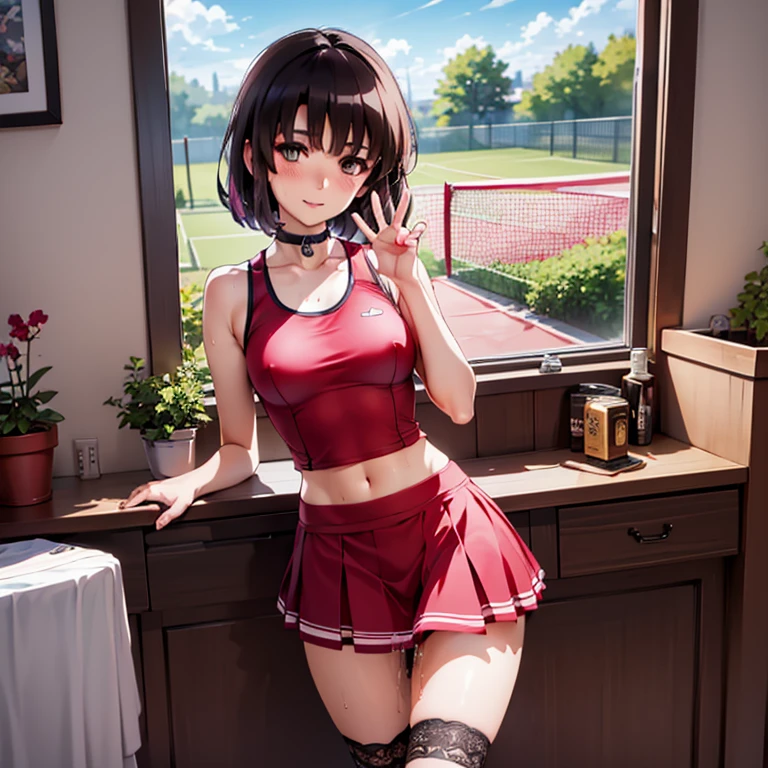 nsfw, (1girl, 1boy), (men and women stand side by side), breasts, thighhighs, navel, sweat, smile, skindentation, white thighhighs, collarbone, looking at viewer, cowboy shot, bangs, look at each other, thighs, blush, medium breasts, lace choker,
bbmegumi, short hair, medium breasts,medium breasts ,topless ,pussy, vagina, (love juice, pussy juice), nipples ,go commando, braless, naked woman, claw pose,highly detailed skin, highly detailed face, (beautiful detailed eyes, the girl smiles, red cheeks), (One girl is standing), The girl is a cute 18-year-old tennis player, ((no panties, beautiful pussy, thin pubic hair)), (Not wearing a bra, small breasts, The shape of the nipples can be seen through the clothing), ((Tennis Shoes)), The girl has a toned body, Pink Tennis Wear, pleated skirt for tennis, Sun visor, sweaty hair and body, Wipe your sweat with a wristband, Tennis court, ((Photographed from the front so that the girl's whole body is included)), flowing sweat,
detailed eyes, Perfect features, condom,
(masterpeace, best quality, good quality:1.4), masterpeace, intricate details, hetero, faceless male, solo focus,boy sandwich,closely