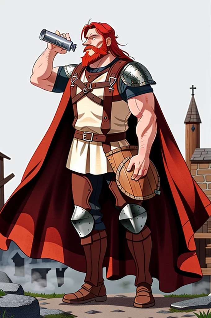 Ingólfr Einarr is a 40-year-old red-haired Viking man with a full and long beard, extroverted, muscular and very attractive, who wears his imposing medieval armor. hyper detailed and super realistic. cartoon style. White background. Ingólfr Einarr holds a beer from the middle ages