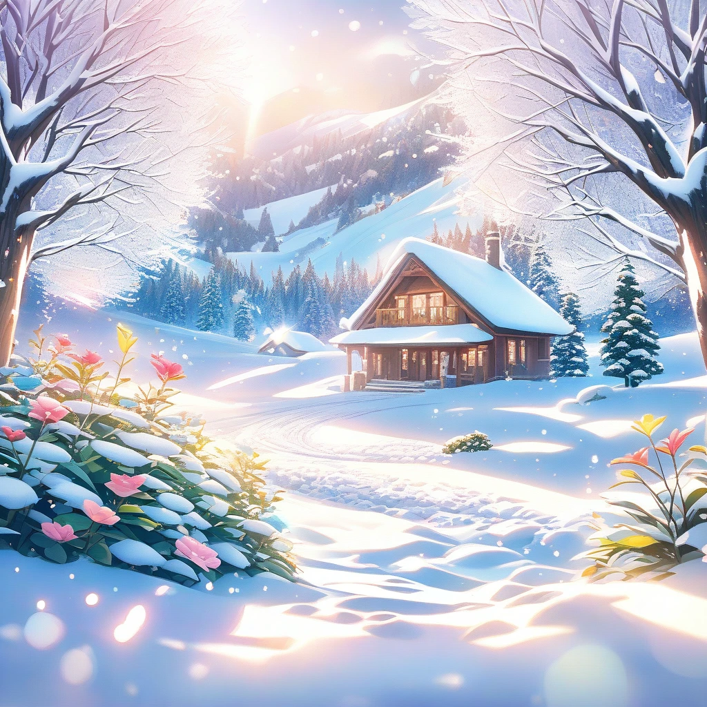 Snow Scene,snow,plant(((Romantic atmosphere)))(((fairy tale elements)))(((masterpiece))), ((best quality))
