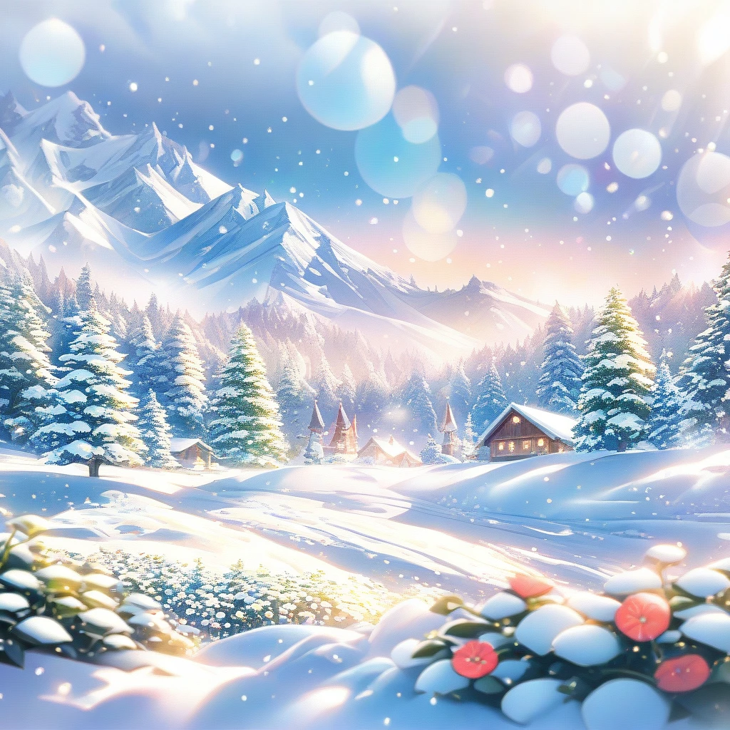 Snow Scene，snow，plant（（（Romantic atmosphere）））（（（fairy tale elements）））（（（masterpiece）））， （（best quality））