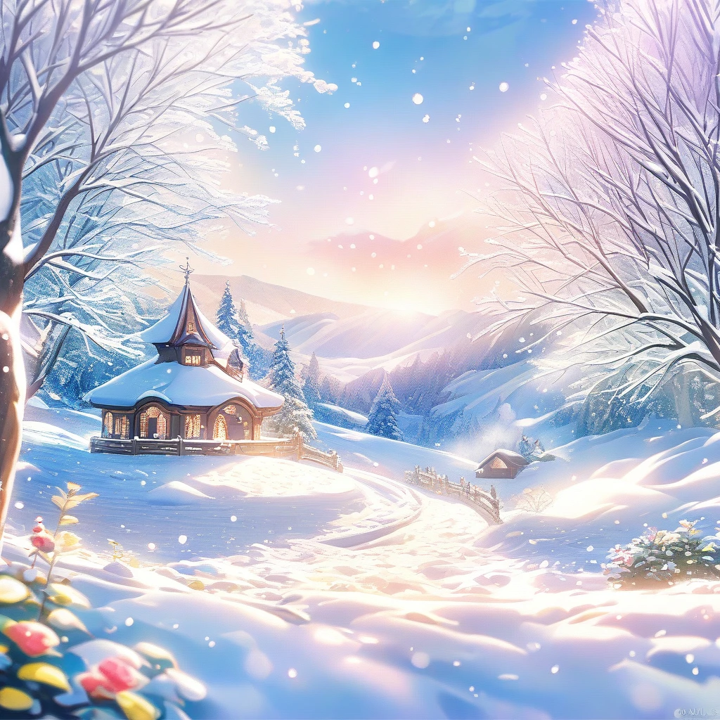 Snow Scene,snow,plant(((Romantic atmosphere)))(((fairy tale elements)))(((masterpiece))), ((best quality))