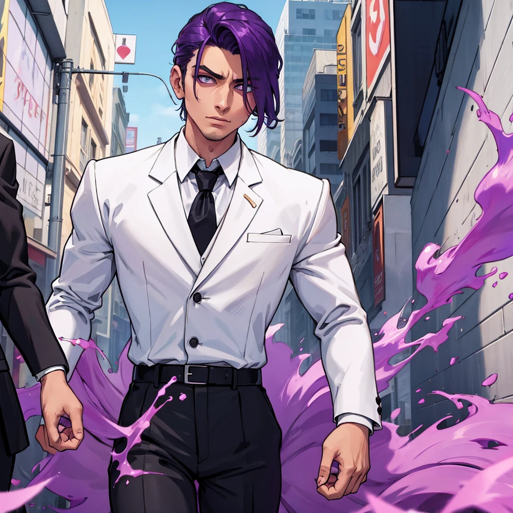mafia boss gangster white office black suit purple tie man