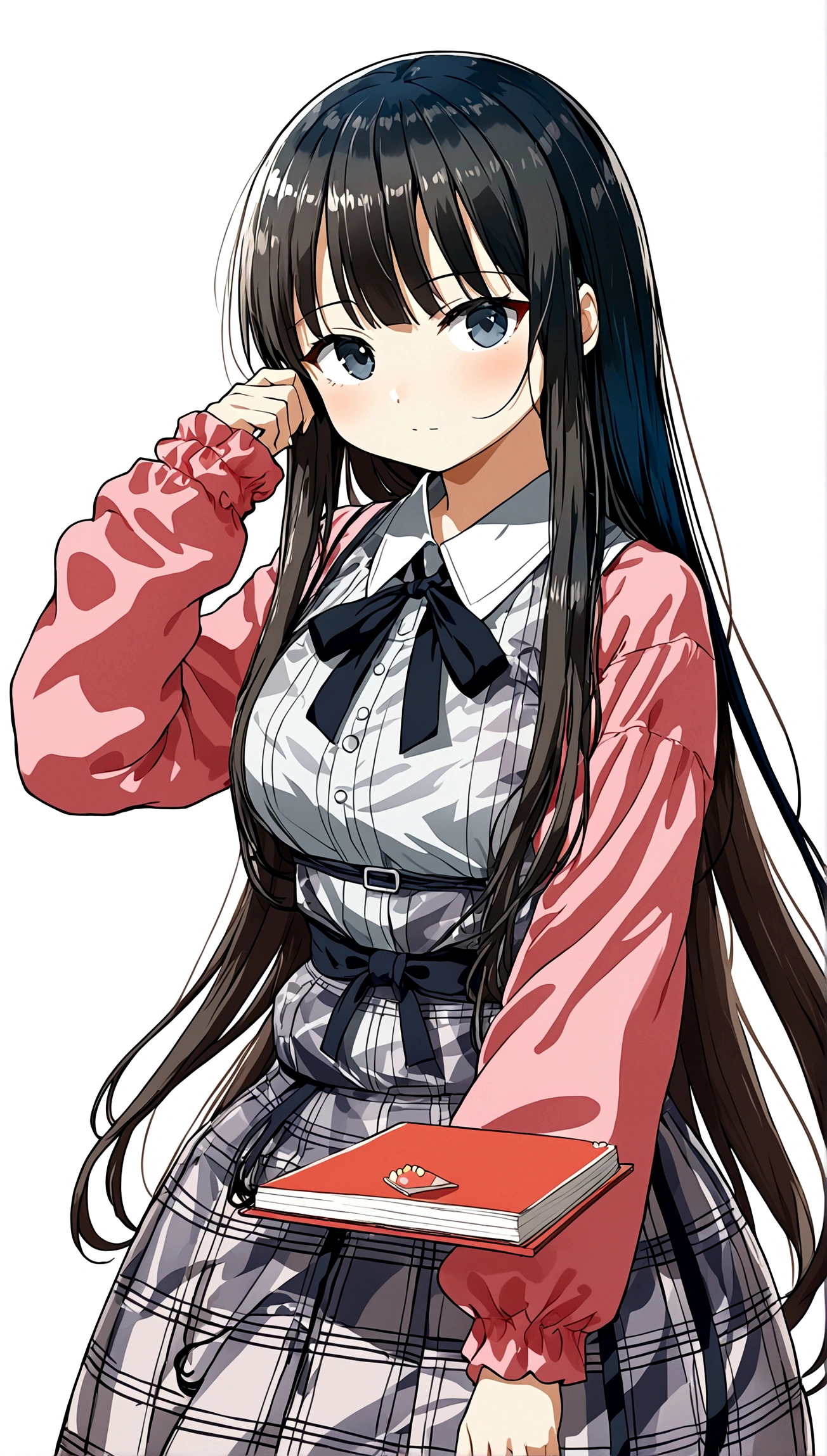 make me a female character with a manga or anime theme with no background, the character has long black hair, beautiful black eyes, smooth and soft cheeks, and a typical Japanese , as well as an ideal body shape.