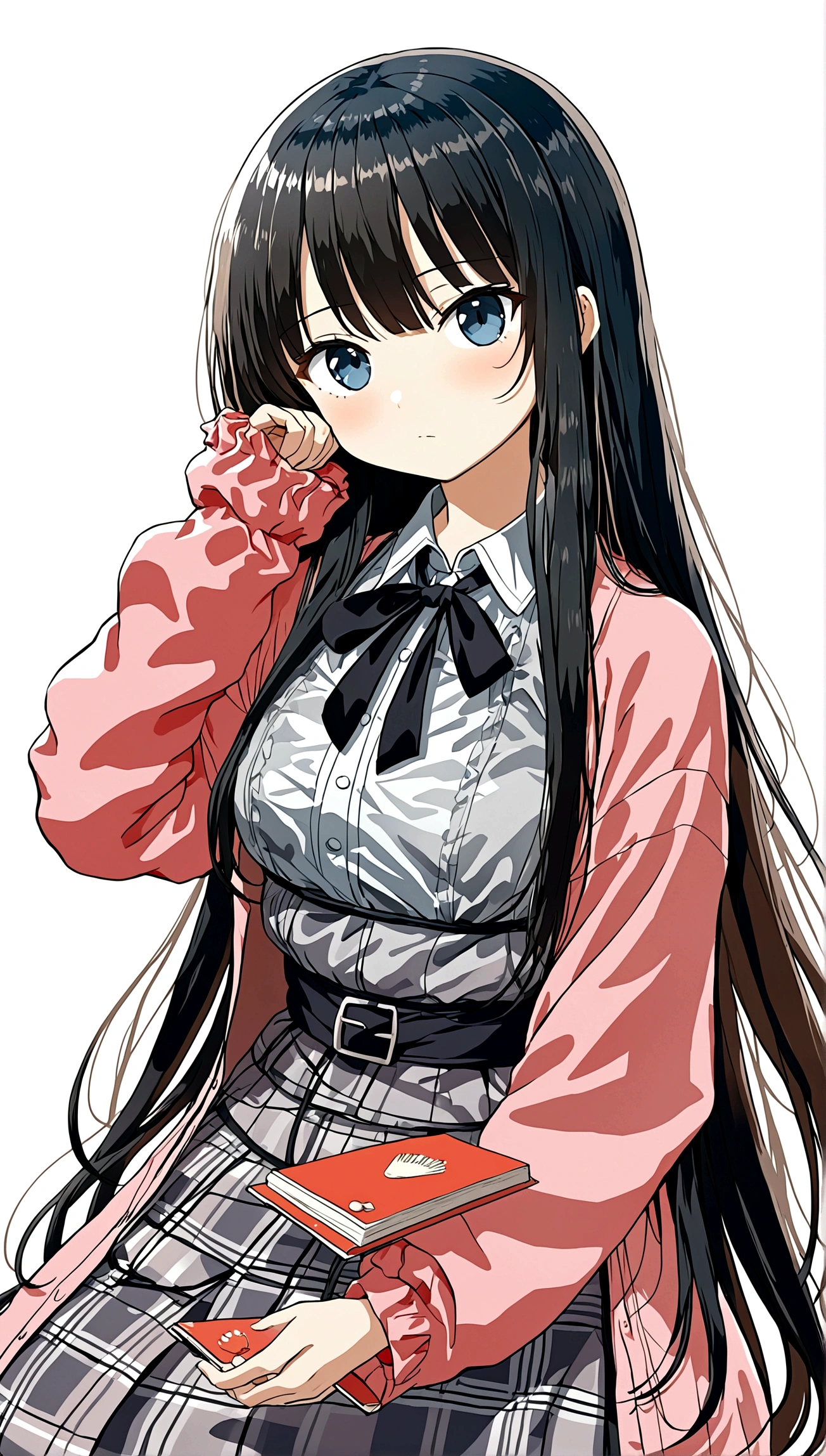 make me a female character with a manga or anime theme with no background, the character has long black hair, beautiful black eyes, smooth and soft cheeks, and a typical Japanese , as well as an ideal body shape.