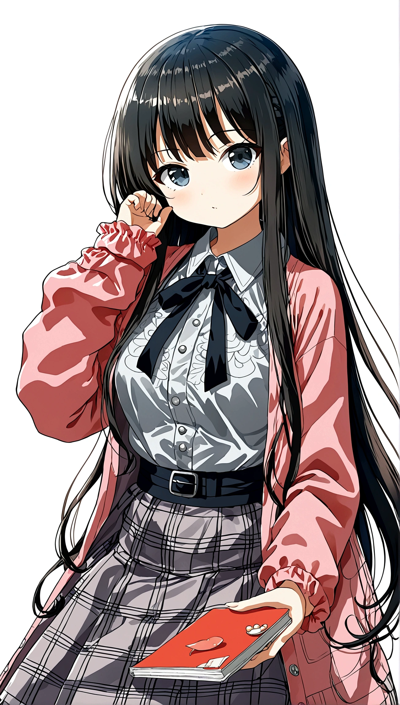 make me a female character with a manga or anime theme with no background, the character has long black hair, beautiful black eyes, smooth and soft cheeks, and a typical Japanese , as well as an ideal body shape.