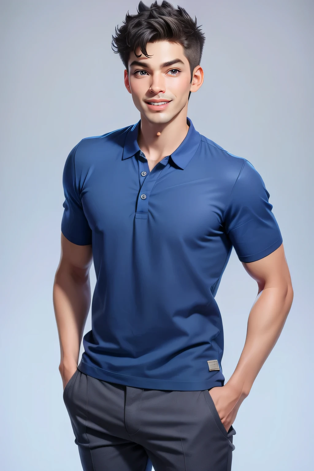 1 man (25yo) , , sexy pose, naugthy face, , random hairstyle, , seductive smile, blue shirt, short pants, gray background