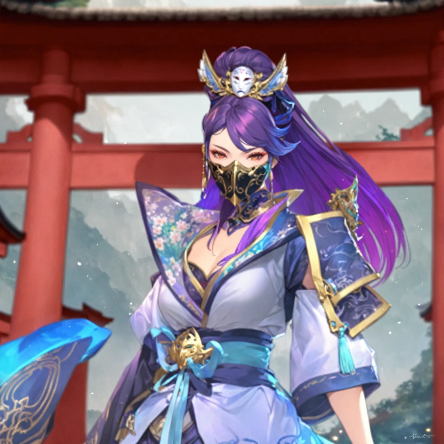masterpiece, best quality, Fantasy aesthetics, Highly detailed, shadowverse style, female, japanese style, mask