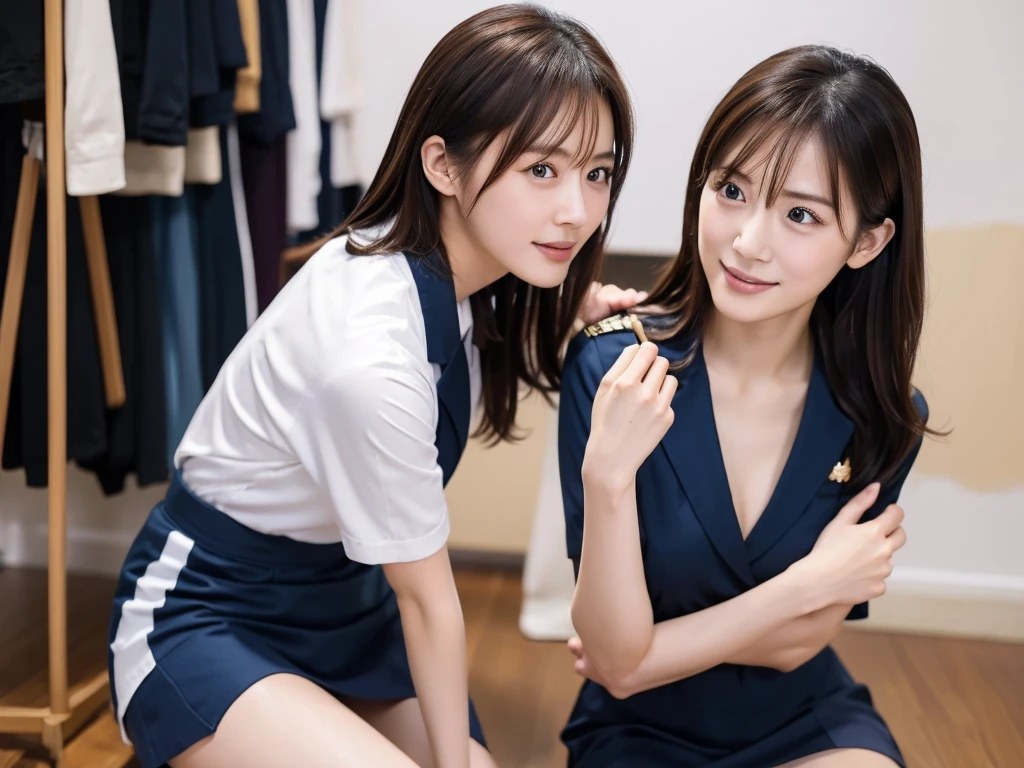 There is a woman wearing a bra on the bed, smooth white tight clothes suit, wearing headmistress uniform, wearing a Japanese school uniform, two japanese schoolgirls posing, Open V chest clothes, japanese girl school uniform, reluvy5213, Japanese school uniform, wearing maid uniform, comic strip，style of anime，Manhwa Style，quadratic element --auto