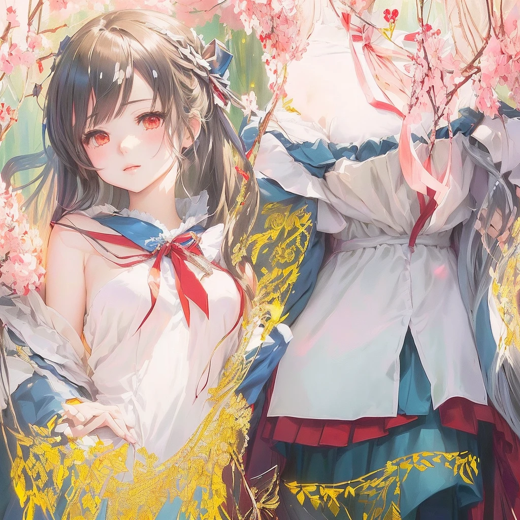 An anime girl in a red ribbon and a blue dress is standing next to a man, Yandere intricate, Half Yamada, Zero-chan art, From desire, Yandere, Detailed digital anime art, Zero-chan, by Kamaguruka, Soft anime illustration, Detailed anime art, Detailed anime artwork, Digital art on pixiv, Two beautiful anime girls