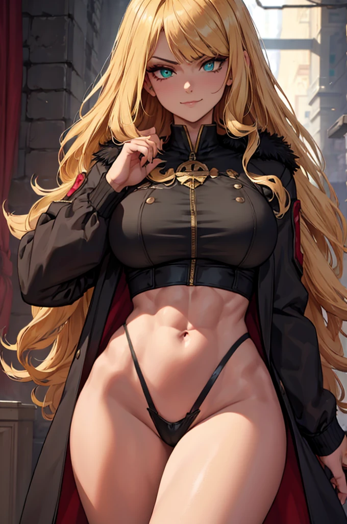 ((masterpiece)), ((best quality)), 1girl, adult, long hair, ((blonde hair)), blonde hair, ((intimidant look)), ((close-up)), green eyes, black and red clothes, sexy, dark colors, brillant eyes, ((coat with fur)), ((wavy hair)), perfect hands, ((sexy pose)), ((intimidant look)), good anatomy, ((dark sage clothes)), ((straight cut bangs)), emotionless, intimidant, ((beautiful eyes)), close up, ((detailed eyes)), beautiful eyes, ((detailed face)), hair bang, frontal look, abs, smile, detailed face, eyepatch, full body