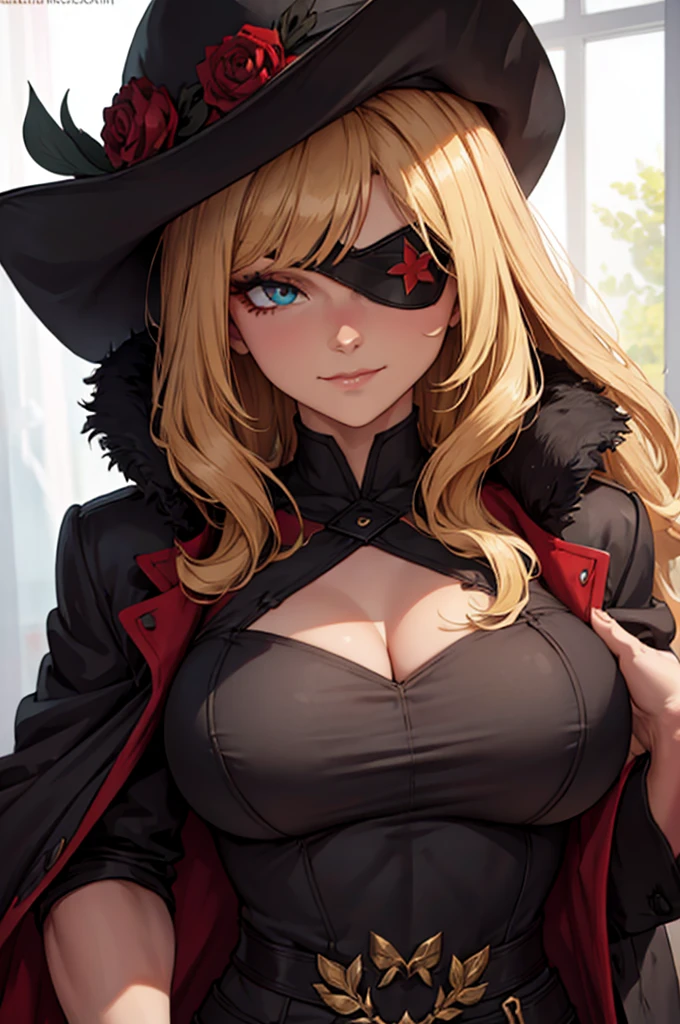 ((masterpiece)), ((best quality)), 1girl, adult, long hair, ((blonde hair)), blonde hair, ((intimidant look)), ((close-up)), green eyes, black and red clothes, sexy, dark colors, brillant eyes, ((coat with fur)), ((wavy hair)), perfect hands, ((sexy pose)), ((intimidant look)), good anatomy, ((dark sage clothes)), ((straight cut bangs)), emotionless, intimidant, ((beautiful eyes)), close up, ((detailed eyes)), beautiful eyes, ((detailed face)), hair bang, frontal look, abs, smile, detailed face, eyepatch, full body