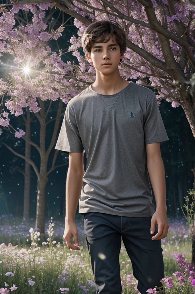 a 16 year old boy with messy brown hair and green eyes, standing in a field of magical flowers connected with sparkles. He wears a gray shirt-like tunic and holds a tree branch. behind, Eldoria meadow with silver towers forming a path towards a portal. lively but ambivalently dark. Full body in the middle of a cube of white light in the dark. Hologram and realism. Blue and red tints.