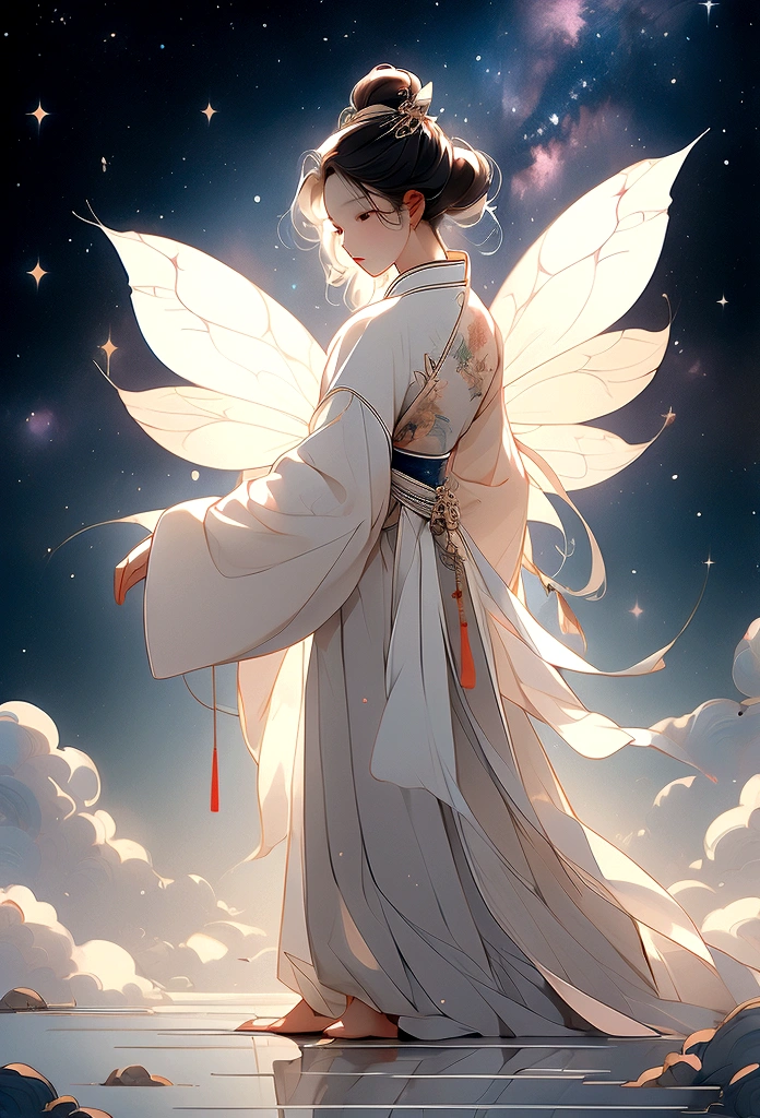 masterpiece, Highest quality: 1.4), Detailed Background,Beautiful male fairy of ancient China、Back view、Standing posture、Clouds at your feet、streamer,Gauze cloth,Floating in the air,Elevation angle of view,The Milky Way is amazing,The full moon is empty,