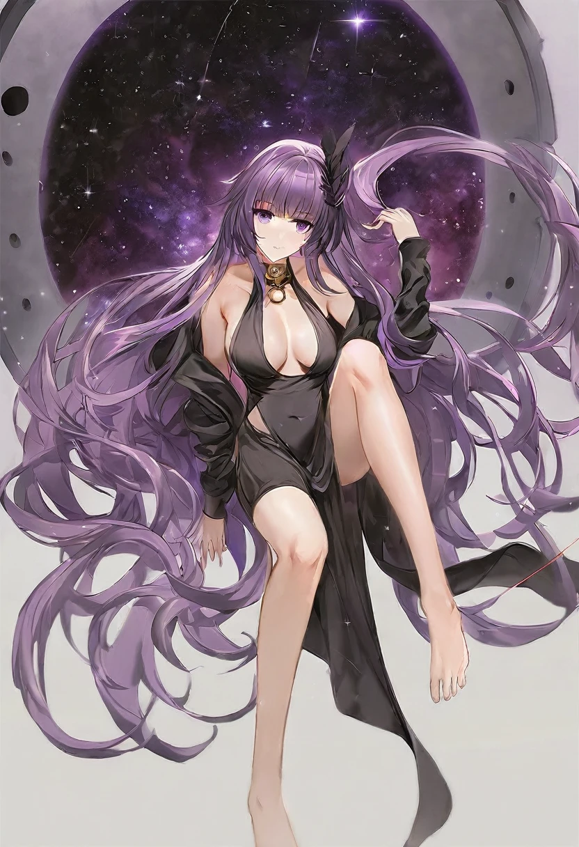 Athena，Purple one-way slightly messy long hair，Purple Eyes，Black one-piece dress，But the one-piece dress is very sexy and revealing，barefoot，A black hole in the universe，Purple and black black hole