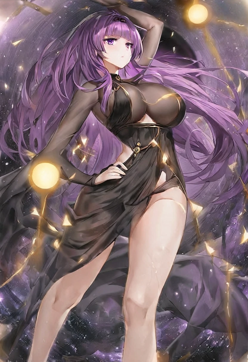 Athena,Purple one-way slightly messy long hair,Purple Eyes,Black one-piece dress,But the one-piece dress is very sexy and revealing,barefoot,A black hole in the universe,Purple and black black hole